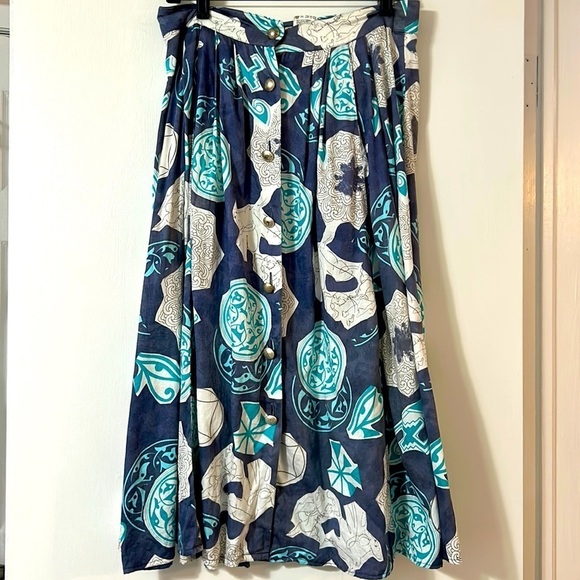 Vintage Laurel women’s button front print midi skirt blue/white maximalist large - Picture 1 of 6